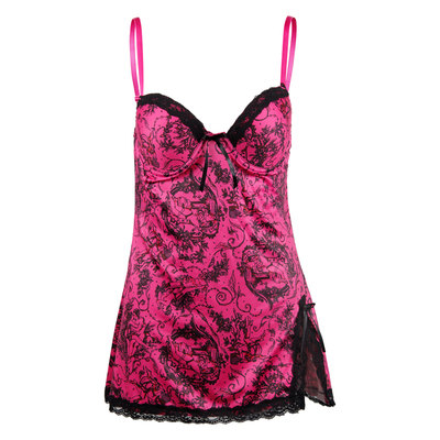 Ball Queen Red Lace and Mesh Suspender Babydoll Set with Sexy Lady Design