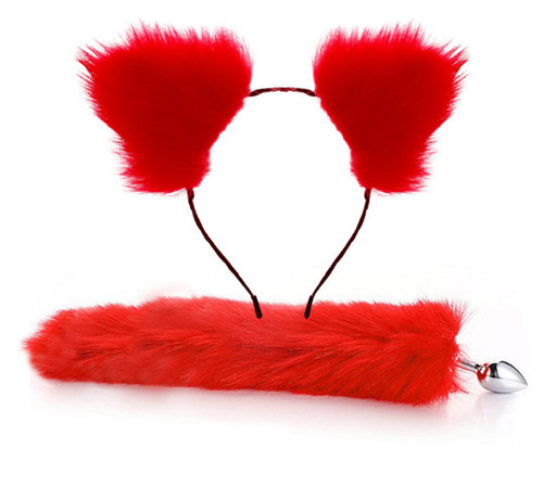 Full Fantasy Stainless Steel Faux Fox Ears Hair Clip and Faux Fox Tail Butt Plug Anal Toy Set for Wo
